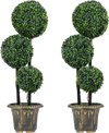 29-inch artificial boxwood topiary tree set of 2 with layered balls and black-golden planters for indoor or porch decor.