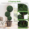 Three-tiered artificial boxwood topiary tree with gradient green leaves and solid wood vine wrap for decorative appeal.