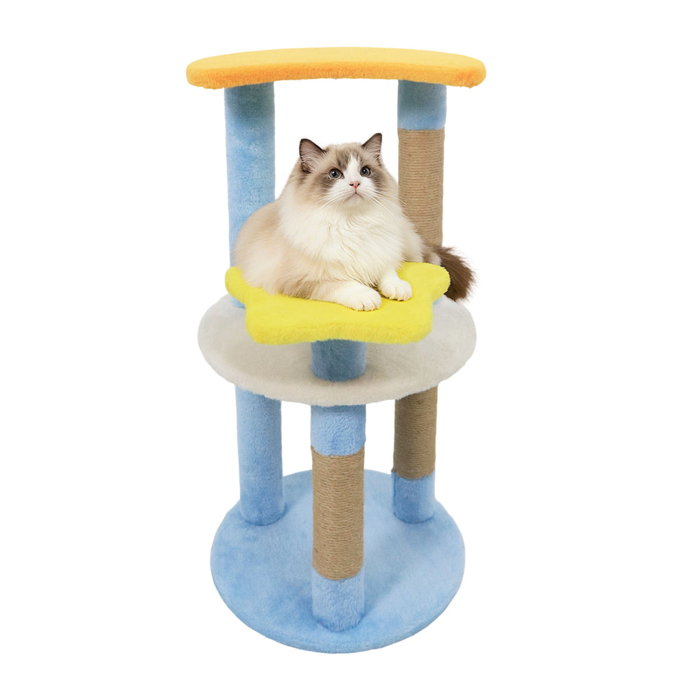 Modern 29-inch cat tree in blue with star and moon platforms, featuring scratching posts for feline play and comfort.