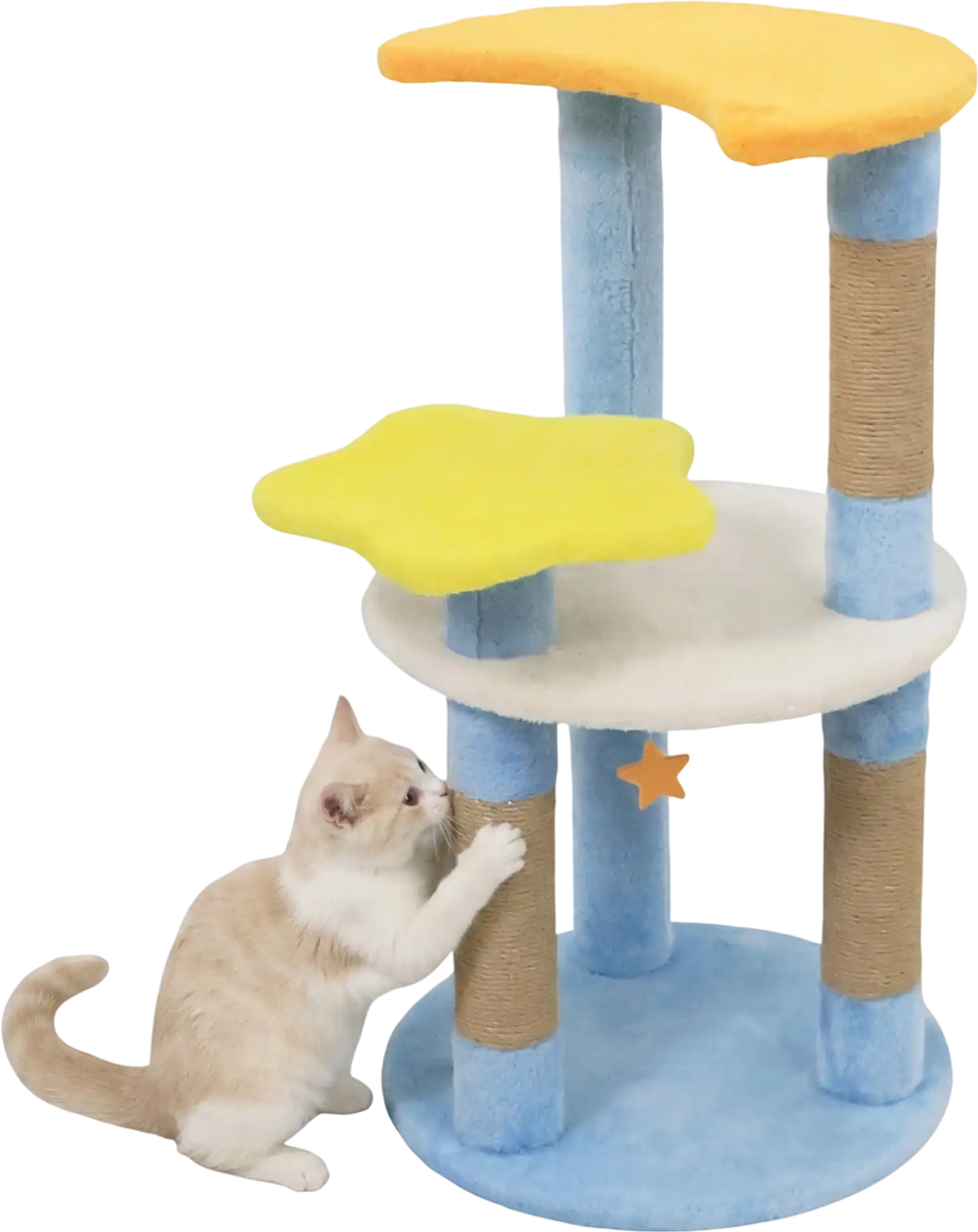 Modern 29-inch cat tree with star and moon platforms, featuring plush fabric and reliable scratching posts for playful.