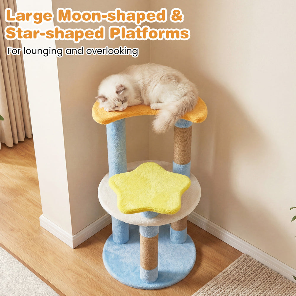 Cat tree featuring large moon and star-shaped platforms in blue, perfect for lounging and exploring.