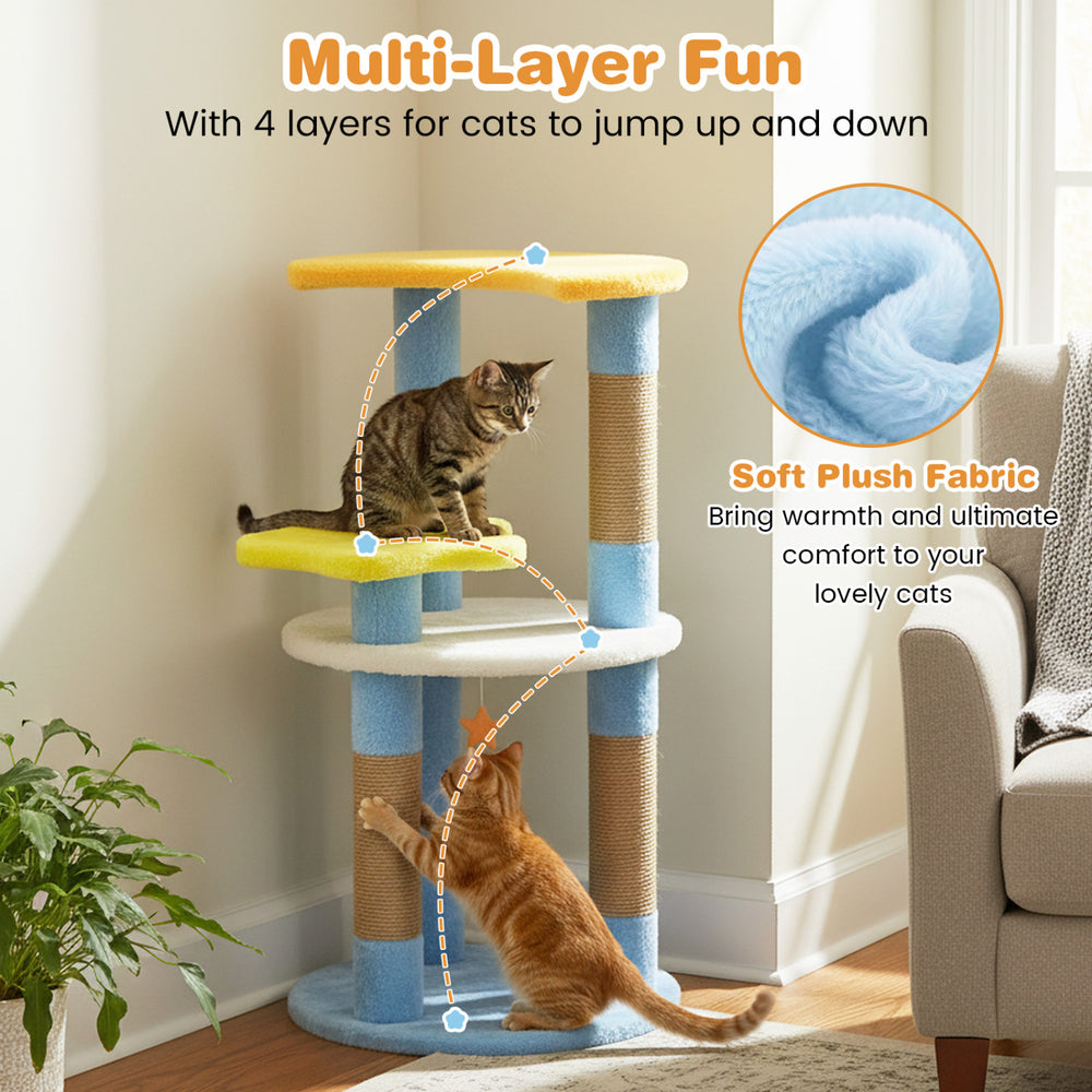 Multi-layer cat tree with star and moon platforms, featuring plush fabric and scratching posts for playful lounging.