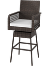 29-inch patio swivel bar stool with brown PE rattan, white cushion, and ergonomic armrests for backyard comfort.