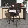 29-inch patio swivel bar stool in brown PE rattan with white cushion, ideal for backyard and poolside use.