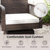 Comfortable white seat cushion on a 29-inch patio swivel bar stool with brown PE rattan for backyard relaxation.