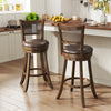 Set of 2 brown swivel counter height barstools with rattan backrest and footrest, ideal for kitchen islands.
