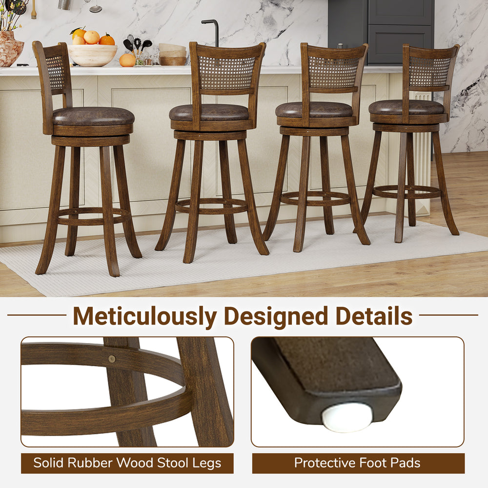 Close-up of the protective foot pad on a brown swivel barstool, ensuring stability and preventing floor scratches.