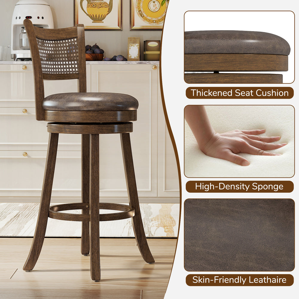 29-inch swivel barstool with rattan backrest, thickened cushion, and footrest, ideal for kitchen or pub seating.