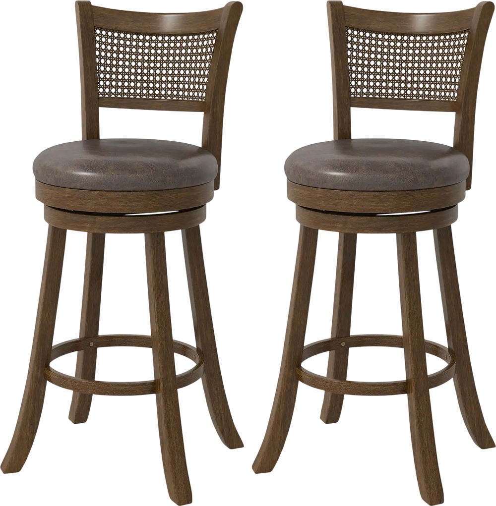 Set of 2 swivel counter height barstools with rattan backrest and footrest, perfect for dining or kitchen islands.
