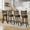 Set of 2 brown swivel counter height barstools with rattan backrest, ideal for kitchen islands and dining areas.