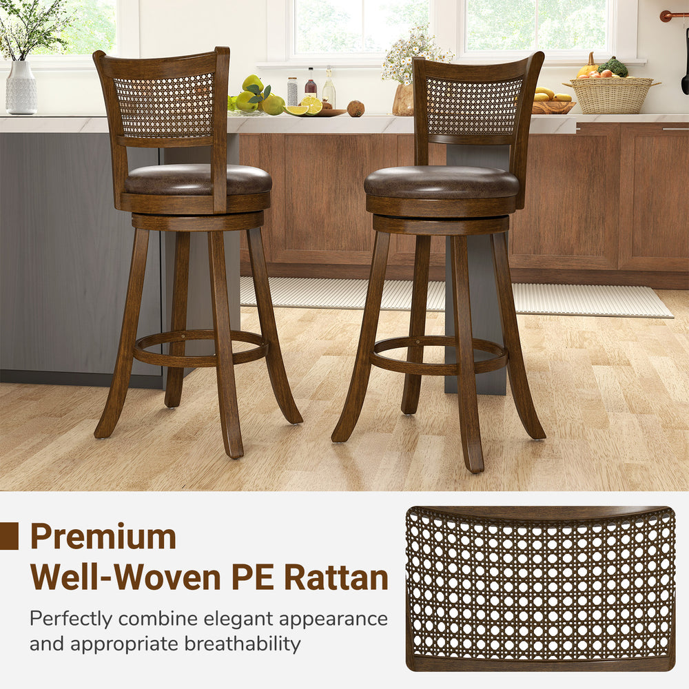 Set of 2 swivel counter height barstools with rattan backrest and footrest, perfect for kitchen islands and dining.