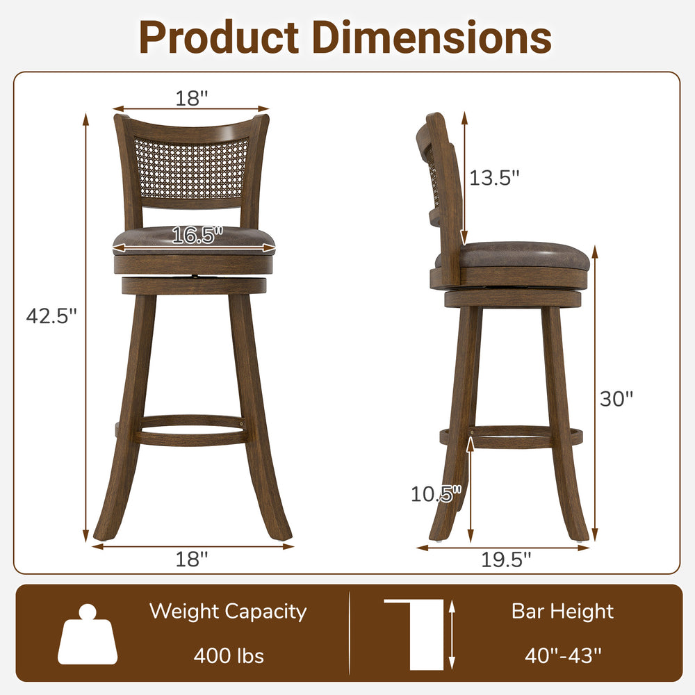 Swivel counter height barstool with rattan backrest, 30" seat height, and solid rubber wood legs for dining or pub use.