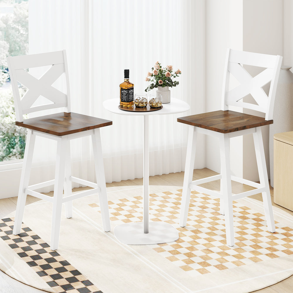 White rubberwood swivel barstools set of 2 with backrest, featuring a large seat, ideal for kitchen islands or dining.