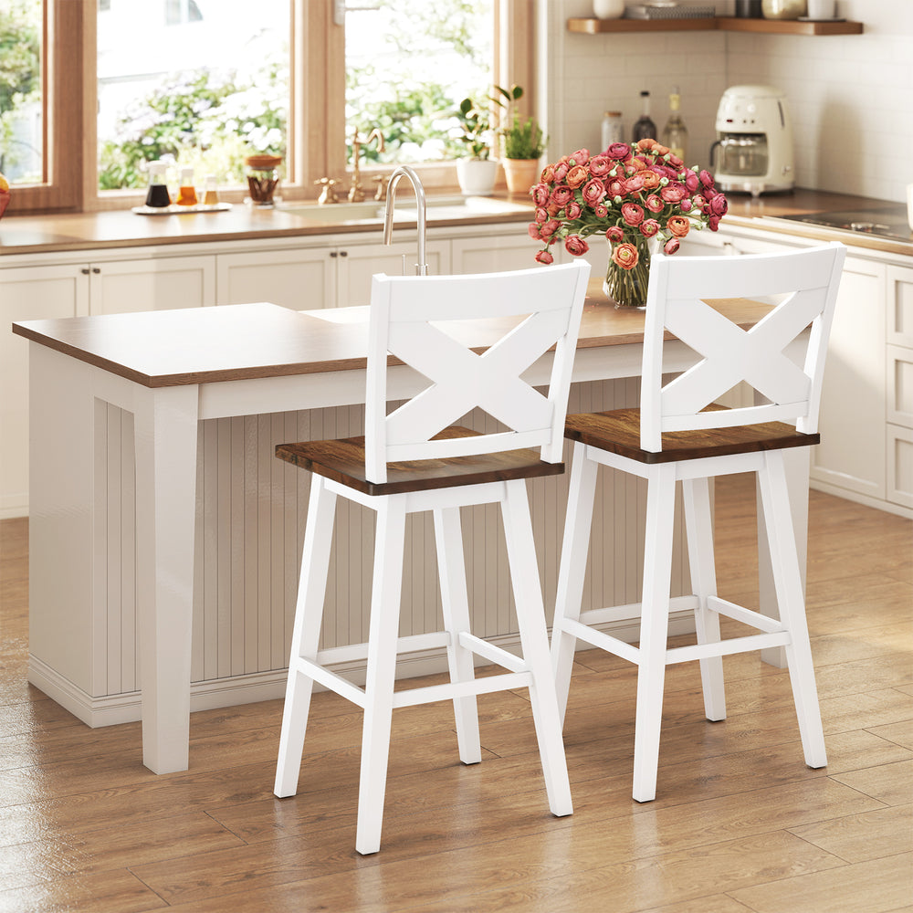 Two 29" white rubberwood swivel barstools with backrest and large seat, perfect for kitchen islands or dining rooms.