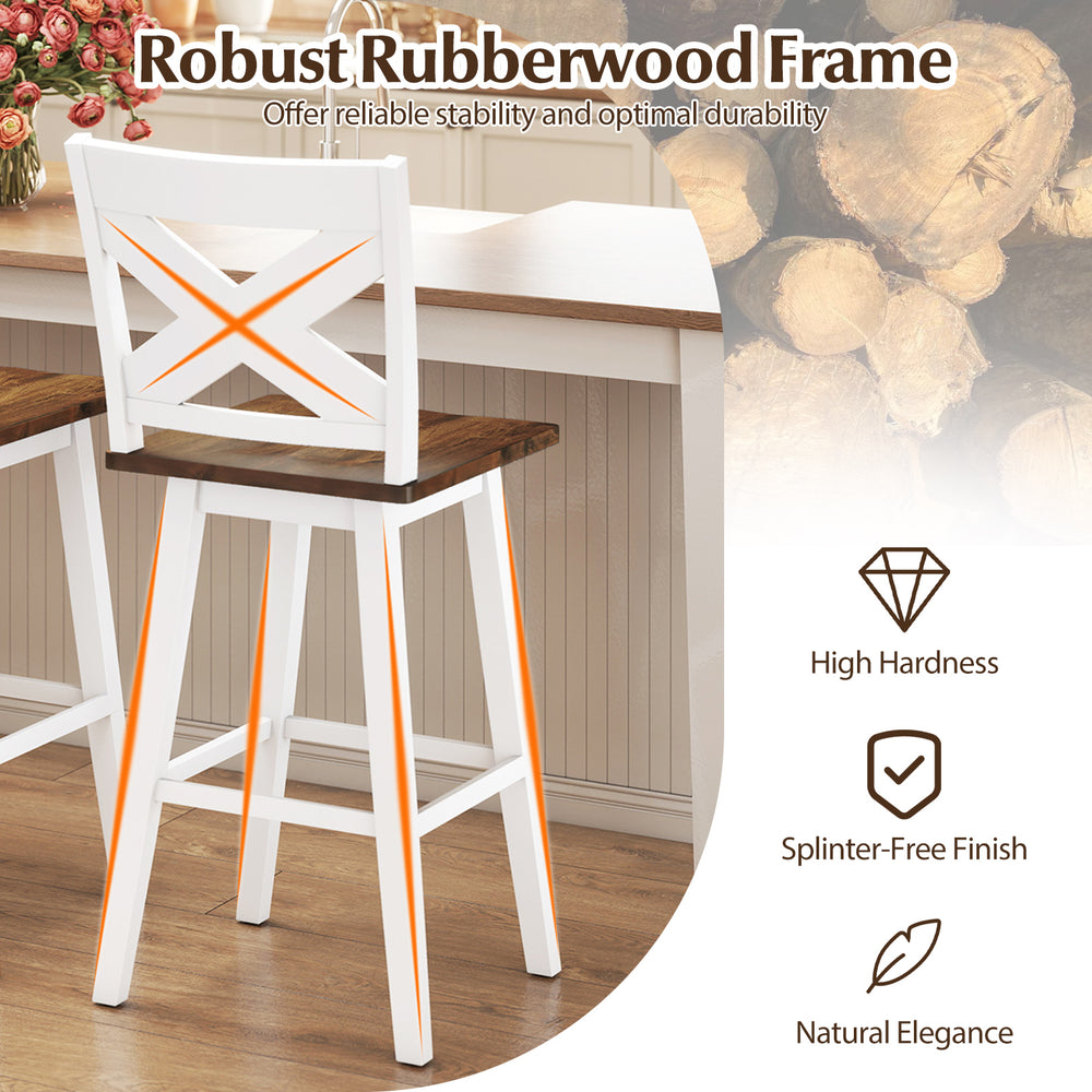29" rubberwood swivel barstool with backrest, featuring a robust frame and large seat, perfect for kitchen islands.
