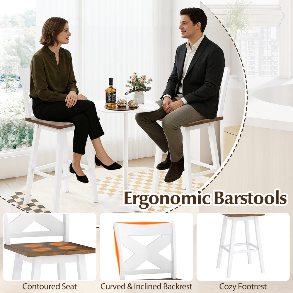 Set of 4 ergonomic 29" rubberwood swivel barstools with curved backrest and large seat for kitchen islands and dining.