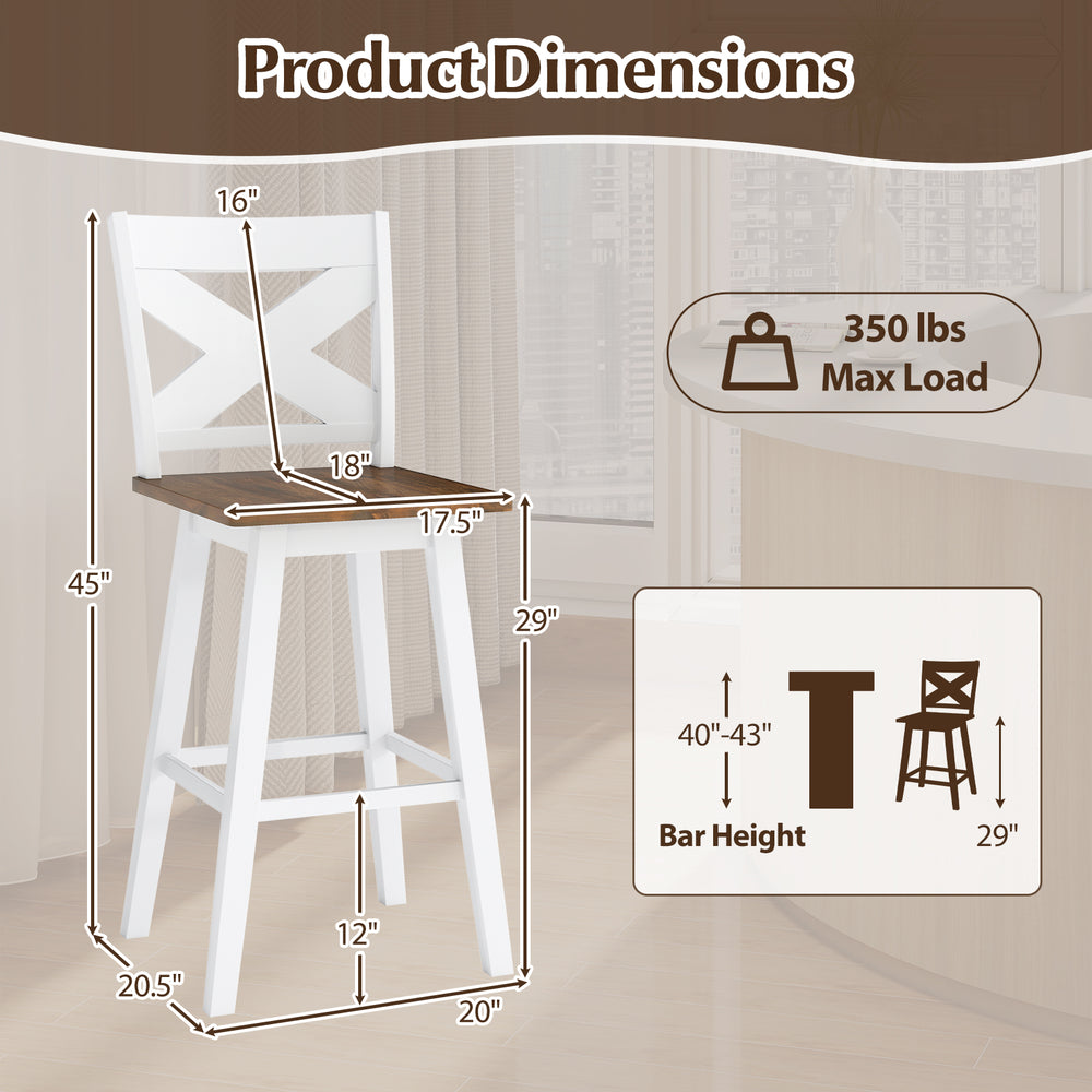 Product dimensions for 29" rubberwood swivel barstools, featuring a robust design, large seat, and farmhouse style.