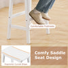 Saddle-seat counter height stool features a curved seat and footrests, ideal for kitchen or dining room use.