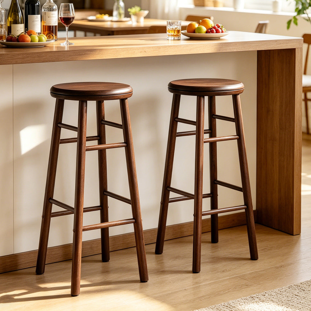 29" Swivel Bar Stools Set of 2 with Footrests & Crossbars-Walnut - Gallery View 1 of 9