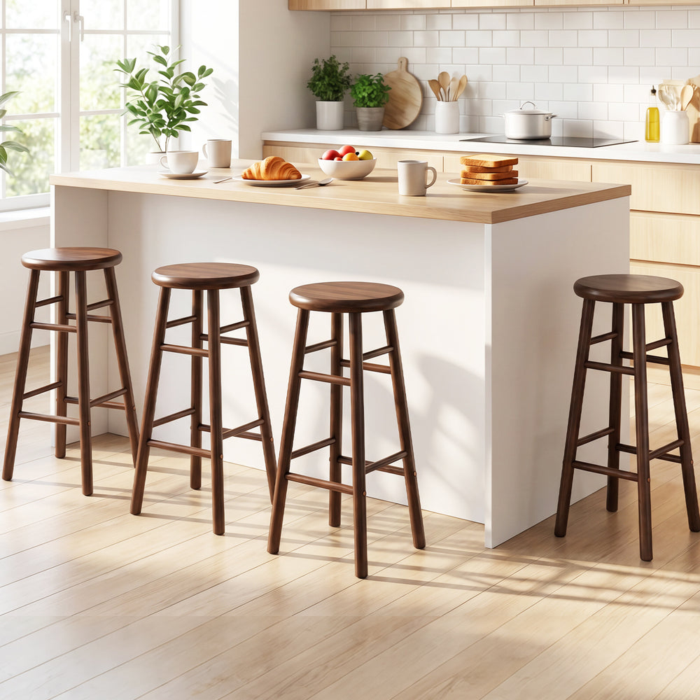 Backless 24" swivel bar stools in rubber wood with footrests, ideal for kitchen or dining room seating.