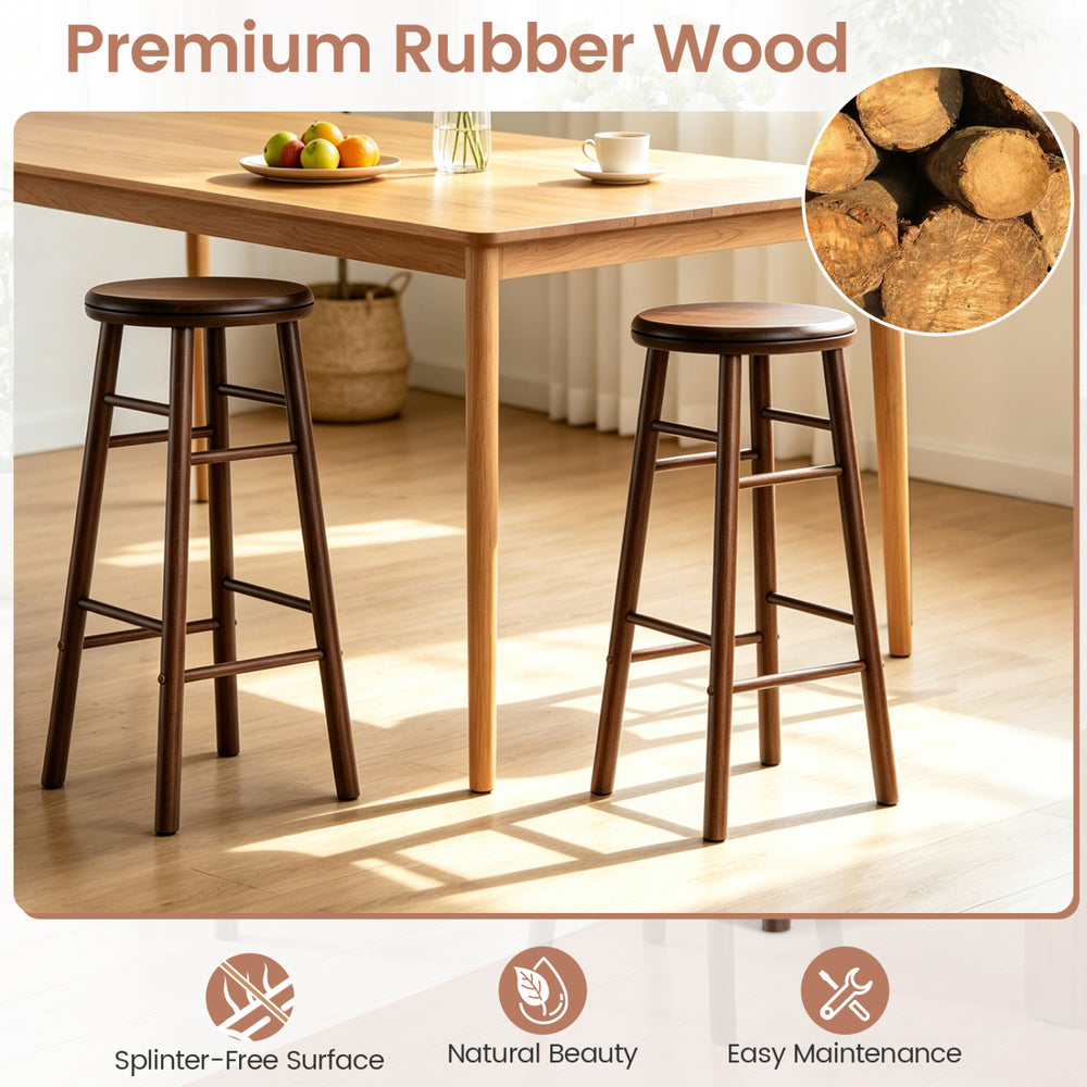 Set of 2 walnut 29" swivel bar stools featuring premium rubber wood, footrests, and a splinter-free surface for cozy.