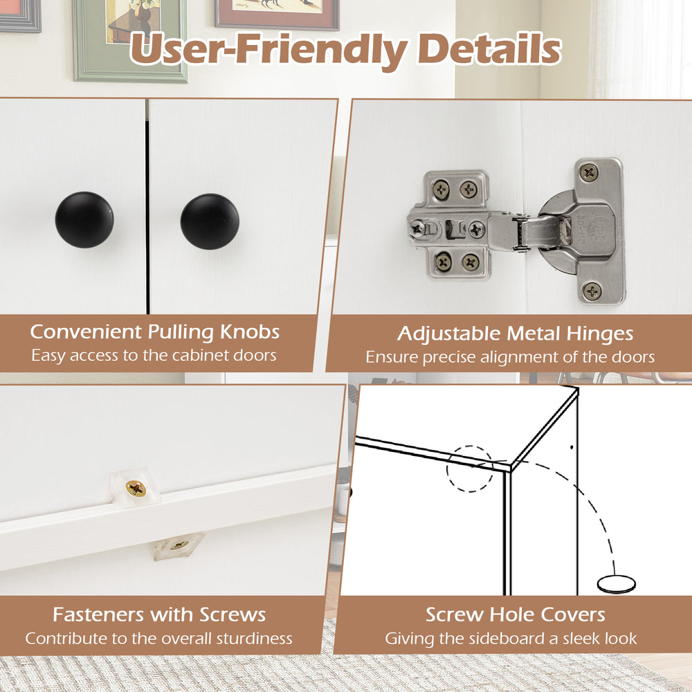 Close-up of adjustable metal hinges and convenient pulling knobs on a white 2-door sideboard buffet cabinet for easy.