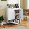 White 2-door sideboard buffet cabinet with adjustable shelf, open compartment, and metal support legs for kitchen.