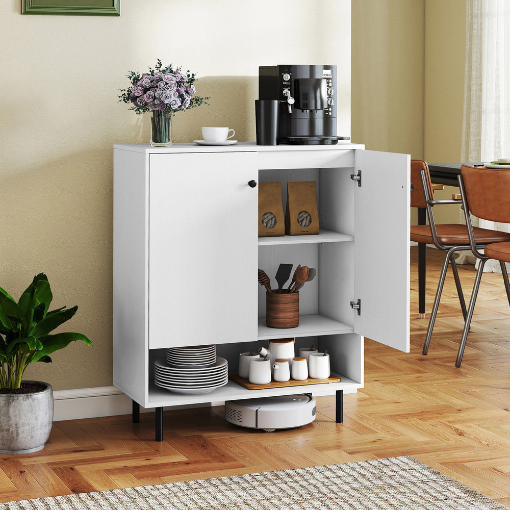 White 2-door sideboard buffet cabinet with adjustable shelf, open compartment, and metal support legs for kitchen.