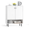 White 2-door sideboard buffet cabinet with adjustable shelf, metal legs, and open compartment for kitchen storage.