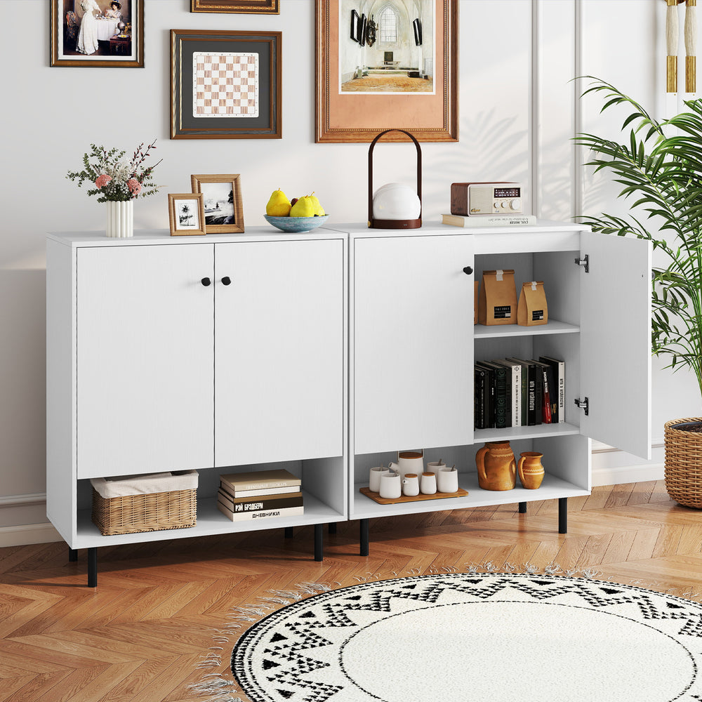 Side view of the white 2-door sideboard buffet cabinet featuring an open compartment and adjustable inner shelf for.