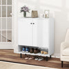 White 2-door sideboard buffet cabinet with adjustable shelf, metal legs, and open compartment for shoe storage.
