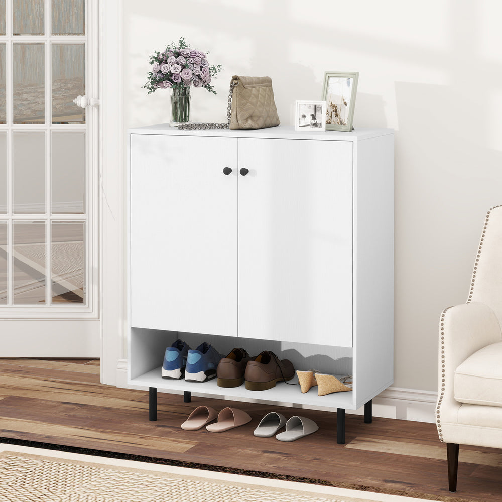 White 2-door sideboard buffet cabinet with adjustable shelf, metal legs, and open compartment for shoe storage.