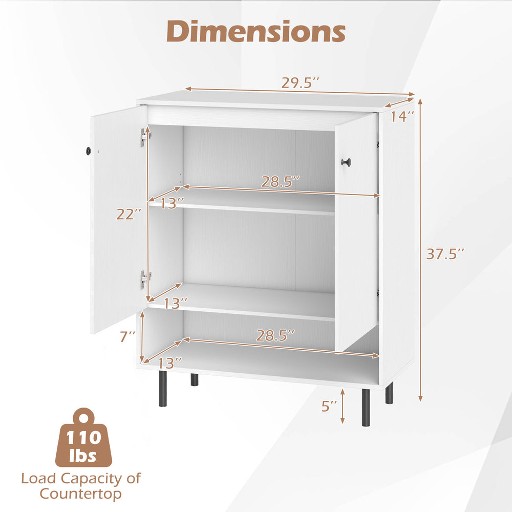 Dimensions of the 2-door sideboard buffet cabinet in white, featuring adjustable shelves and a sturdy design for.