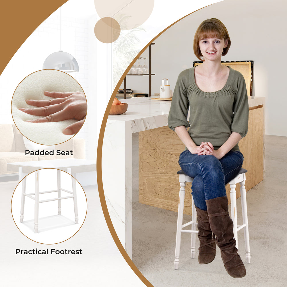 Backless 29-inch bar stool with padded seat and rubber wood legs, ideal for kitchen or dining room use.