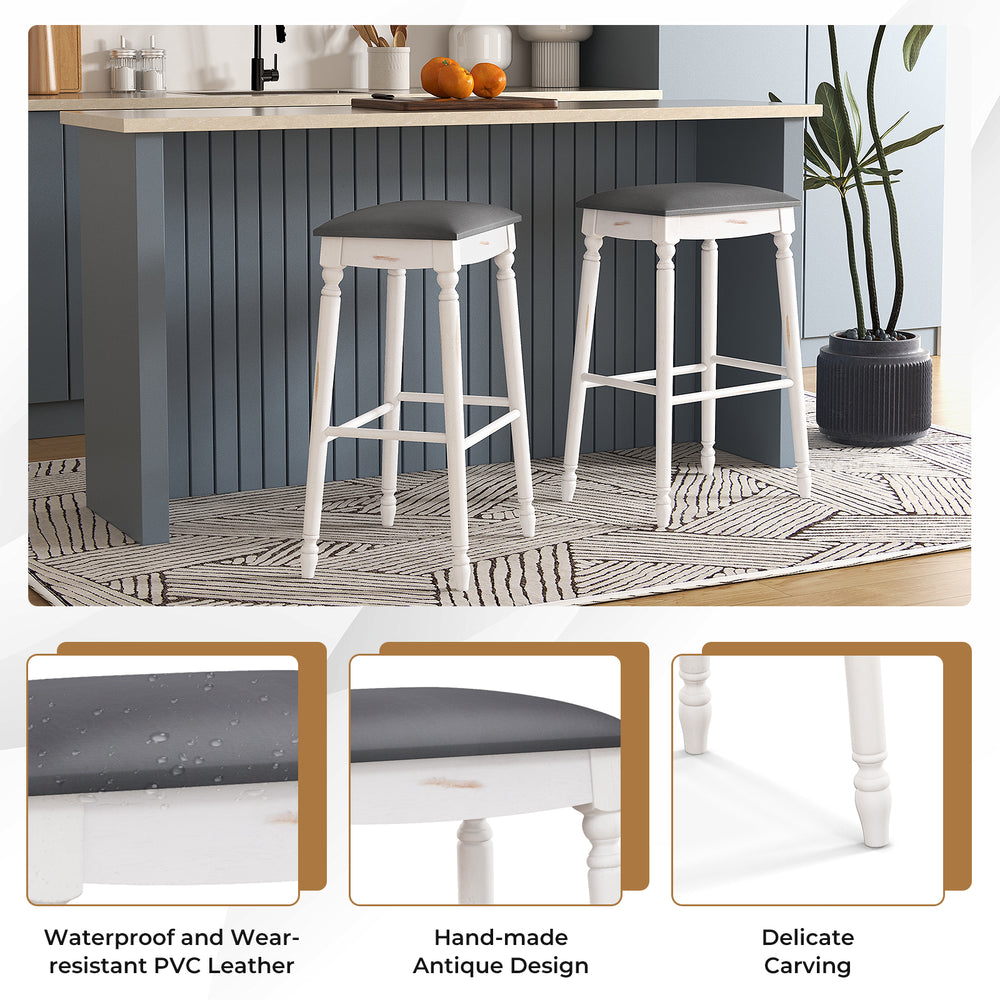 29-inch bar stool set of 2 with padded seats, antique design, and waterproof PVC leather for kitchen or dining use.