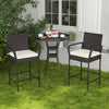 Cushioned barstool set with armrests in brown PE rattan, ideal for outdoor patio or balcony seating.
