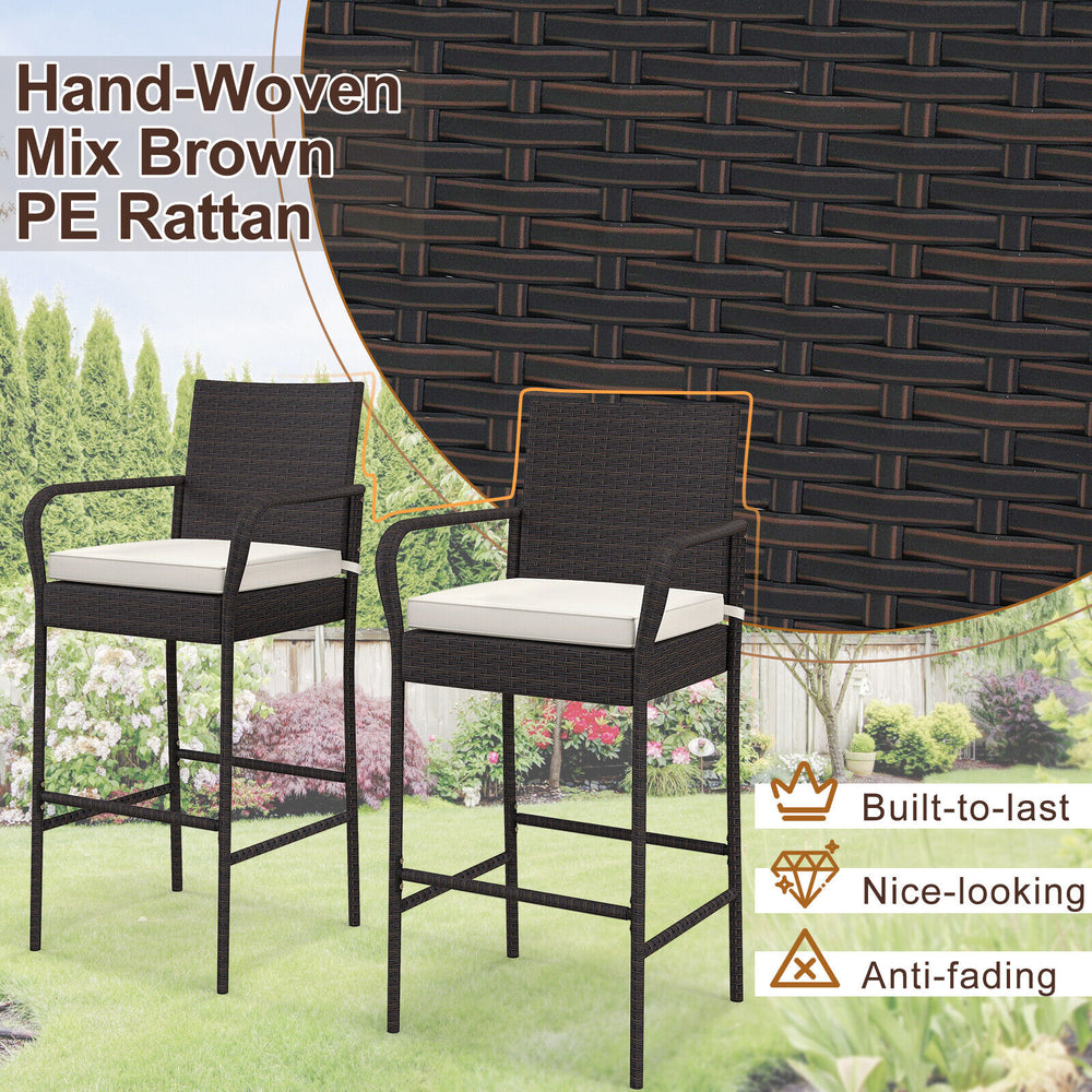 Cushioned barstool set with armrests in mix brown PE rattan, ideal for outdoor patio use and comfort.