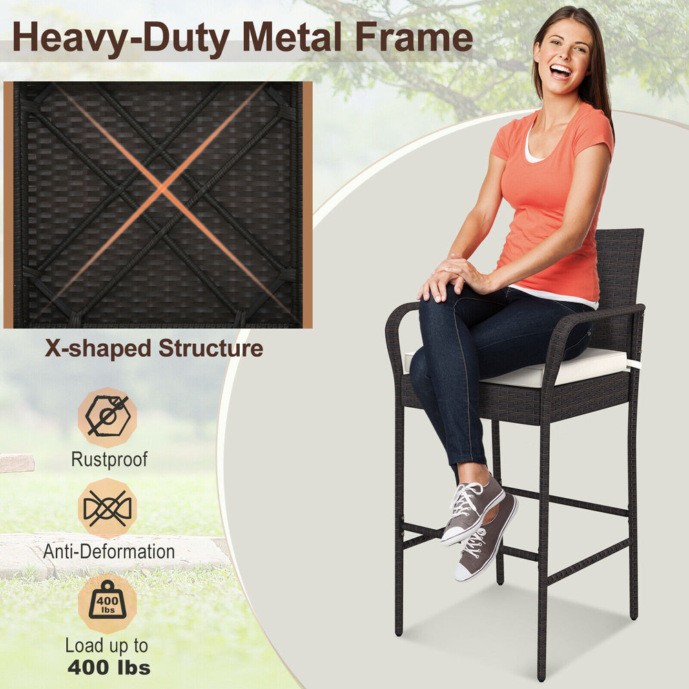 Cushioned outdoor barstool with armrests, made of durable PE rattan and heavy-duty metal frame, ideal for patio use.