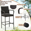 Sturdy outdoor bar chair with curved backrest, armrests, and PE rattan, ideal for patio, balcony, or poolside use.