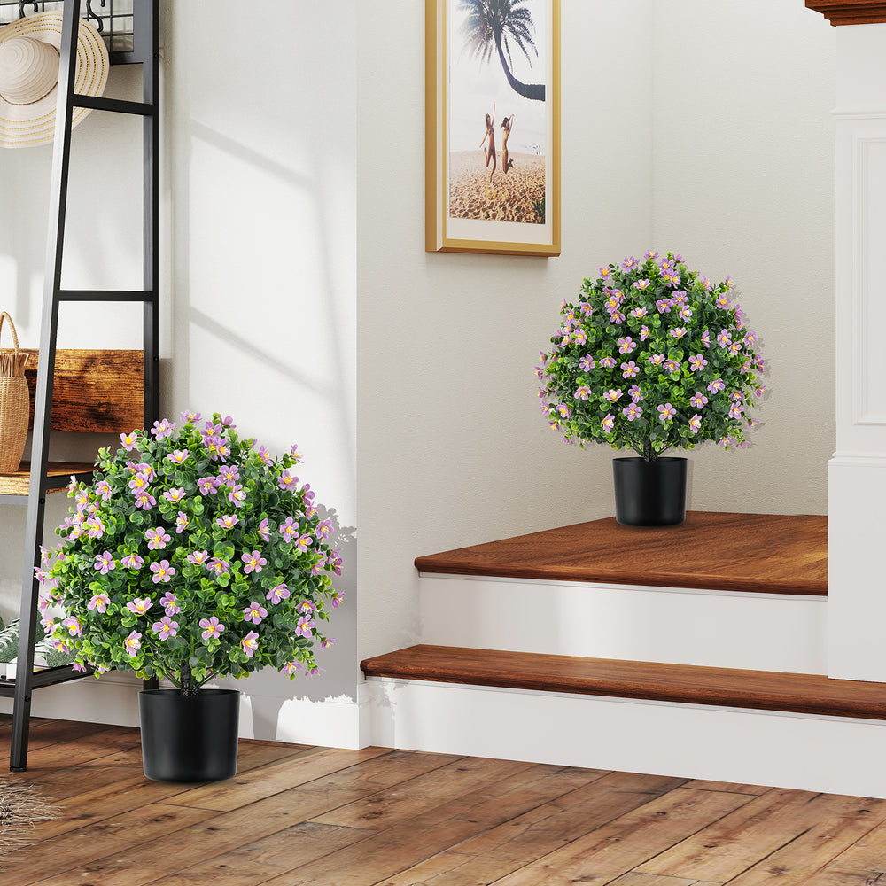 Artificial boxwood topiary ball trees with purple flowers in black pots, perfect for enhancing indoor or outdoor spaces.