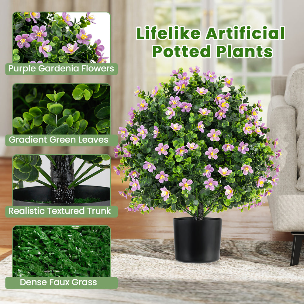 Lifelike artificial boxwood topiary ball tree with purple flowers and gradient green leaves for home or office decor.