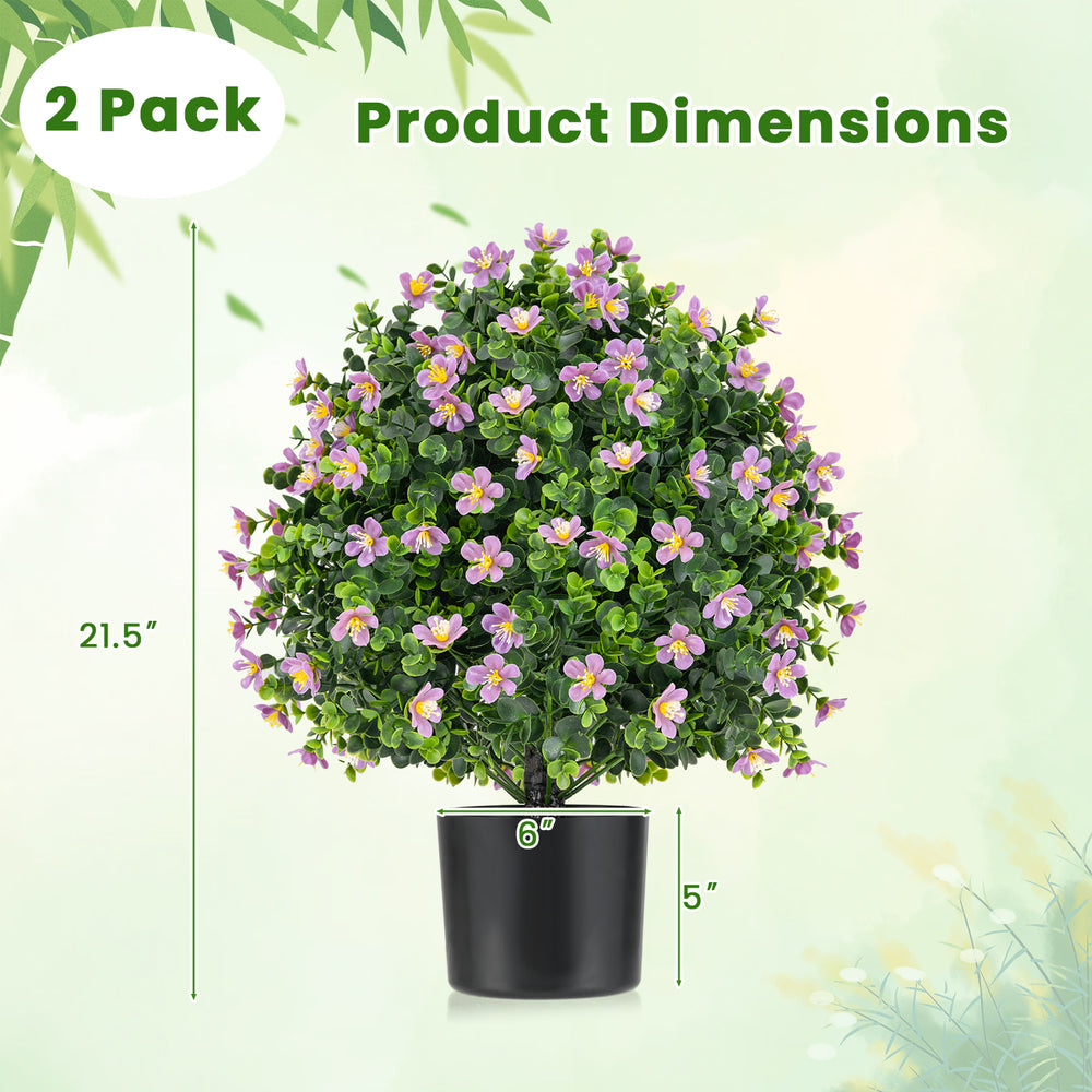 Artificial boxwood topiary ball tree with purple flowers, 21.5" tall, cement-filled base for stability, perfect for.