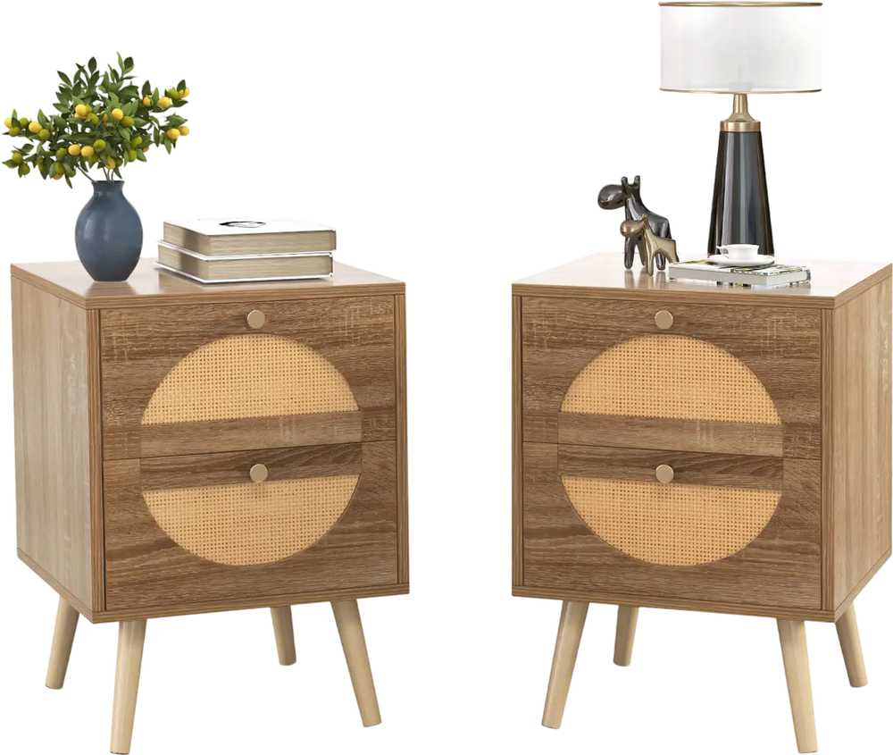 Stylish rattan nightstand with a wide tabletop and two pull-out drawers, ideal for compact bedroom storage solutions.