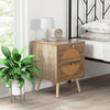 Rattan nightstand with two drawers and solid wood legs, featuring a charming bohemian style for bedroom decor.