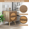 Bohemian style bedside table featuring elegant wood grain and decorative rattan, with two drawers for ample storage.