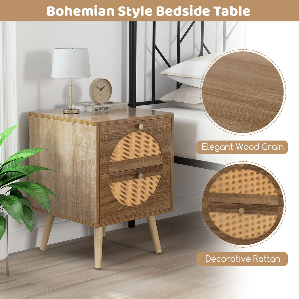 Bohemian style bedside table featuring elegant wood grain and decorative rattan, with two drawers for ample storage.