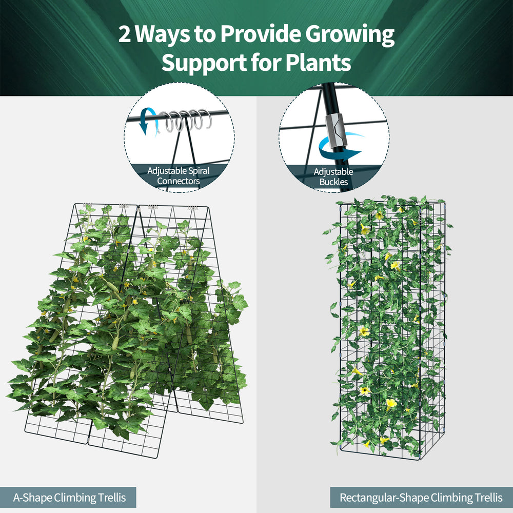 Foldable A-frame trellis plant supports in green, featuring a sturdy steel frame for climbing plants in gardens or.