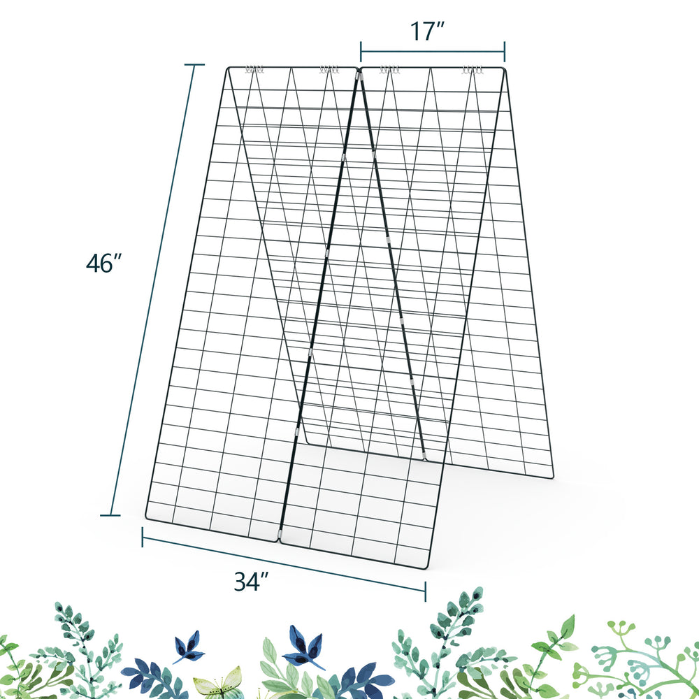 Foldable A-frame trellis plant supports with solid steel frame, measuring 46" x 34", ideal for climbing plants in.