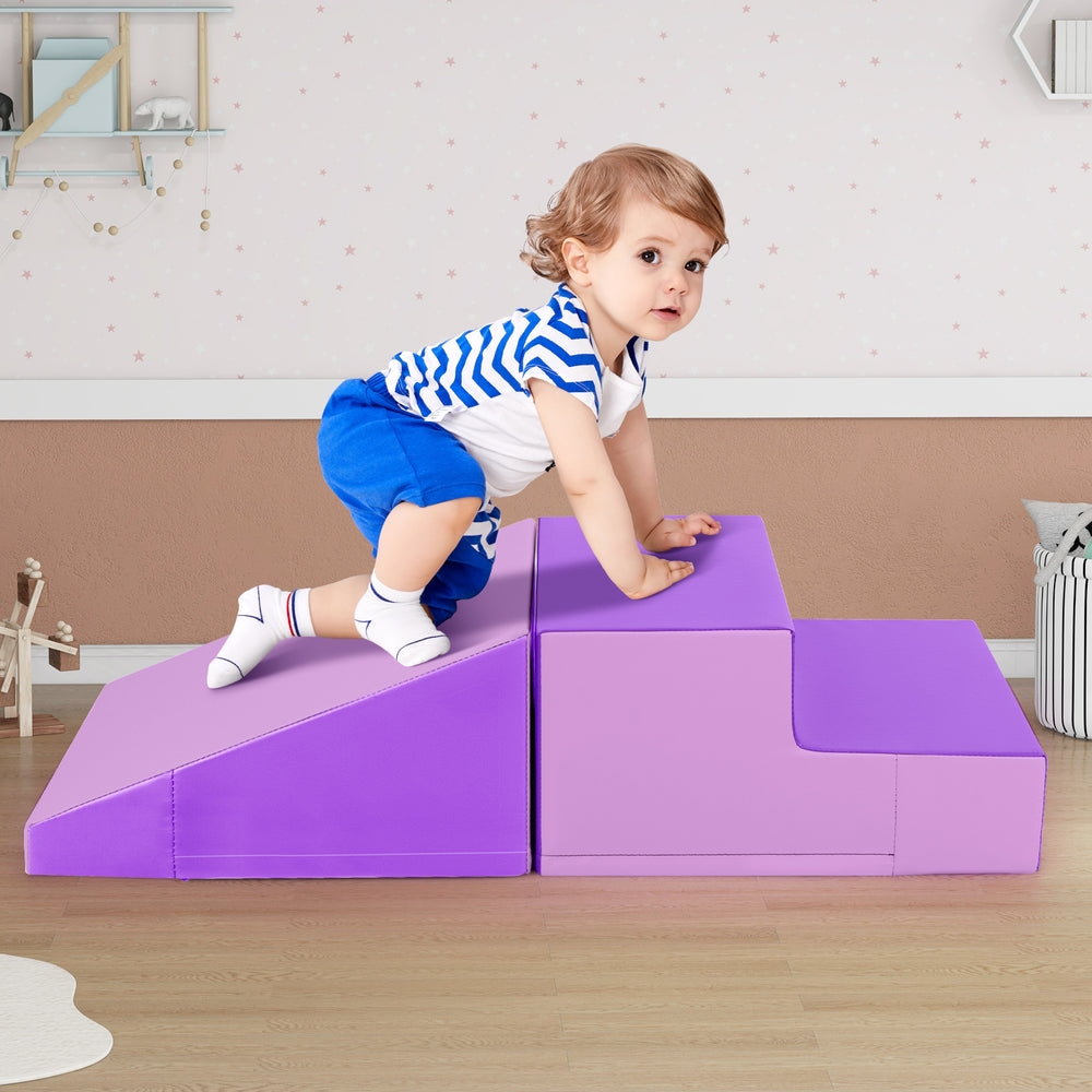 Toddler climbing on purple 2-piece step and slide foam play set, designed for motor skill development and safety.