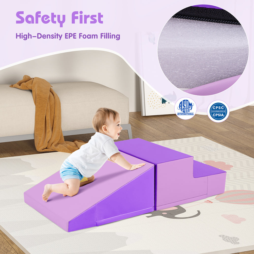 2-piece purple step and slide climber for infants, made with high-density foam and soft PU leather cover for safe play.